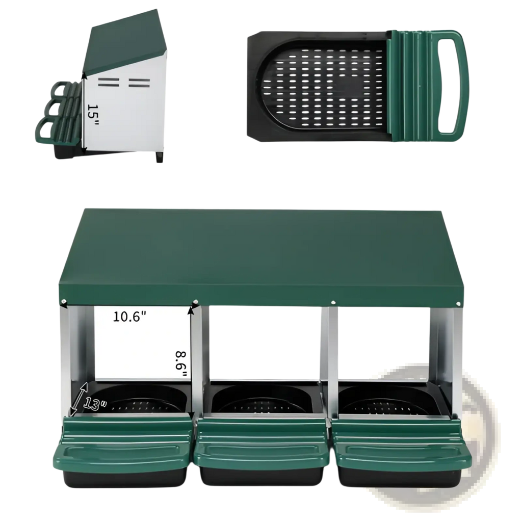 Green and black three-compartment chicken nesting box with roll out trays and a slotted cutting surface