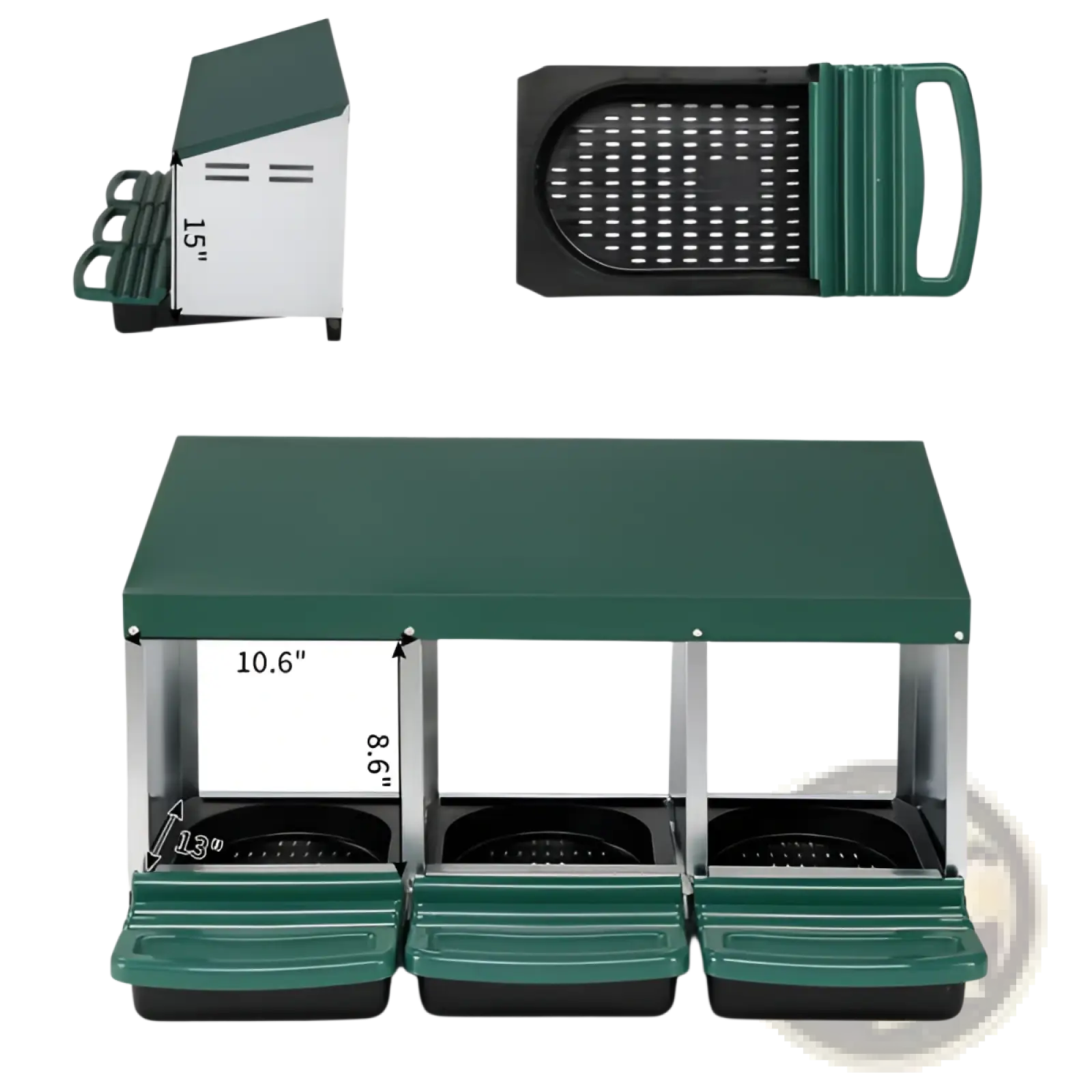 Green and black three-compartment chicken nesting box with roll out trays and a slotted cutting surface