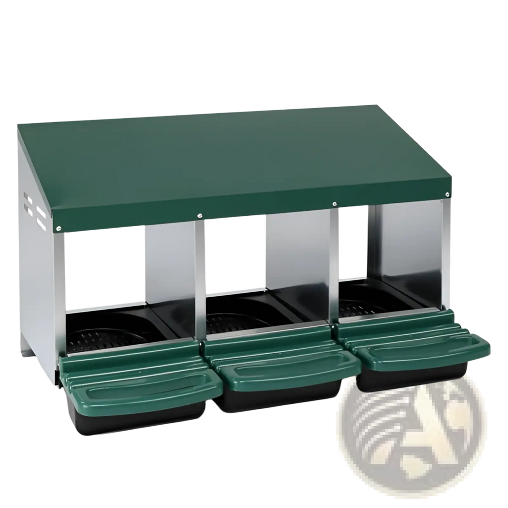 Green and stainless steel 3 compartment chicken nesting box with sliding roll out trays for poultry feeding