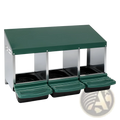 Green and stainless steel 3 compartment chicken nesting box with sliding roll out trays for poultry feeding