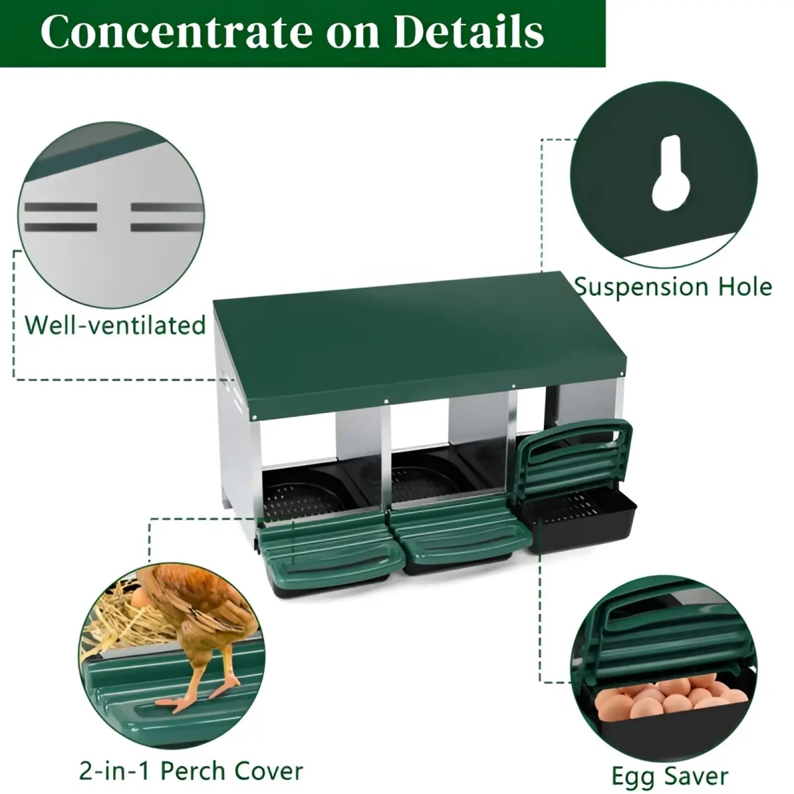 Green plastic 3 compartment chicken nesting box with stainless steel frame and black roll out egg collection trays