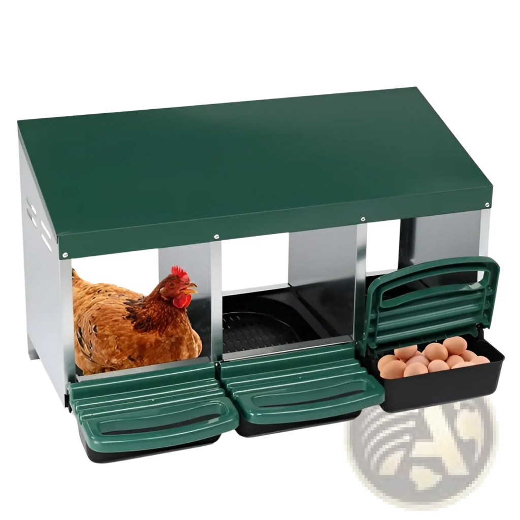 Green plastic and metal 3 compartment chicken nesting box with roll out trays housing a brown hen inside