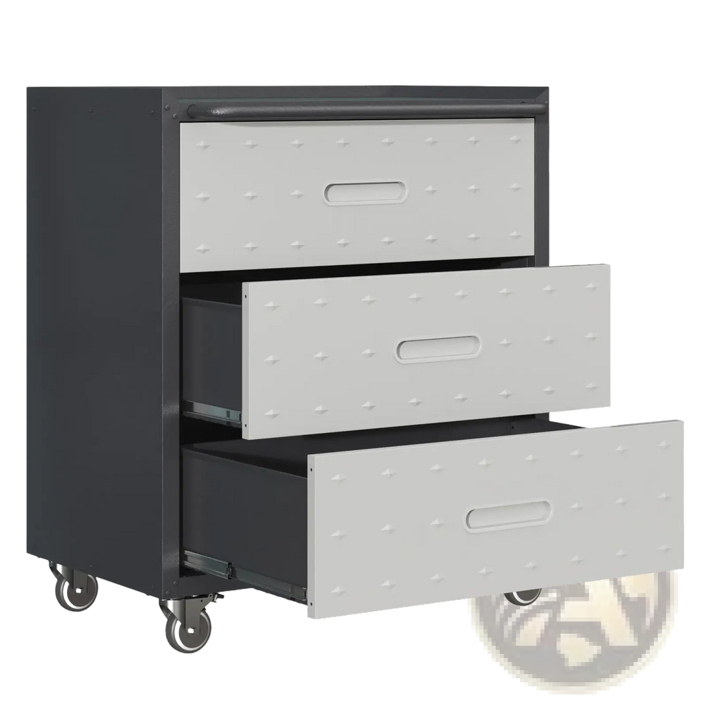 3 drawer metal rolling tool cabinet with white dotted drawers black metal frame and caster wheels for mobility