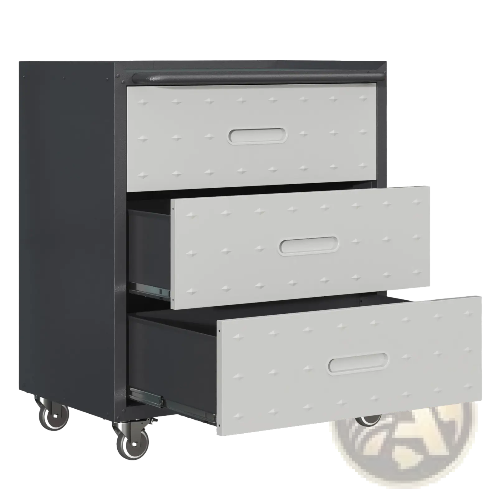 3 drawer metal rolling tool cabinet with white dotted drawers black metal frame and caster wheels for mobility
