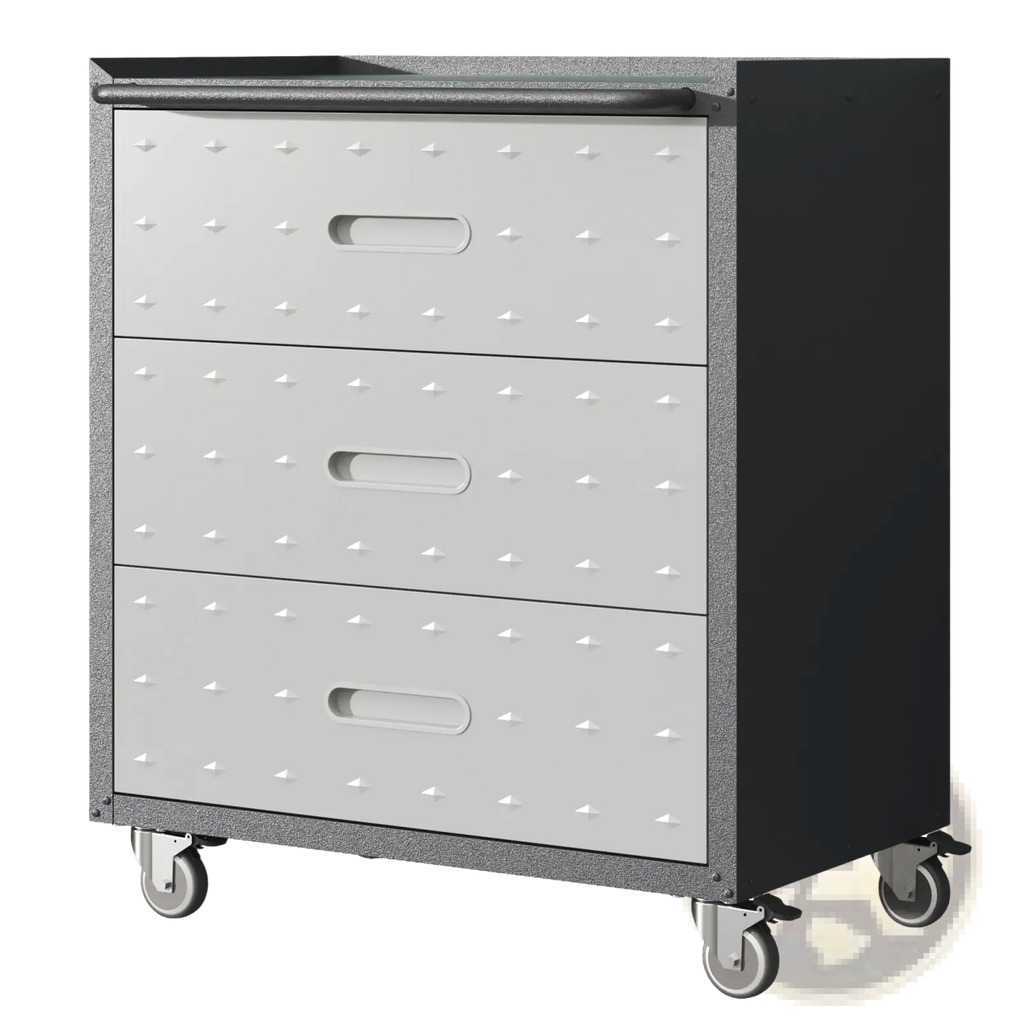 Gray metal rolling tool cabinet with three white textured drawers featuring triangular indentations and elongated handles