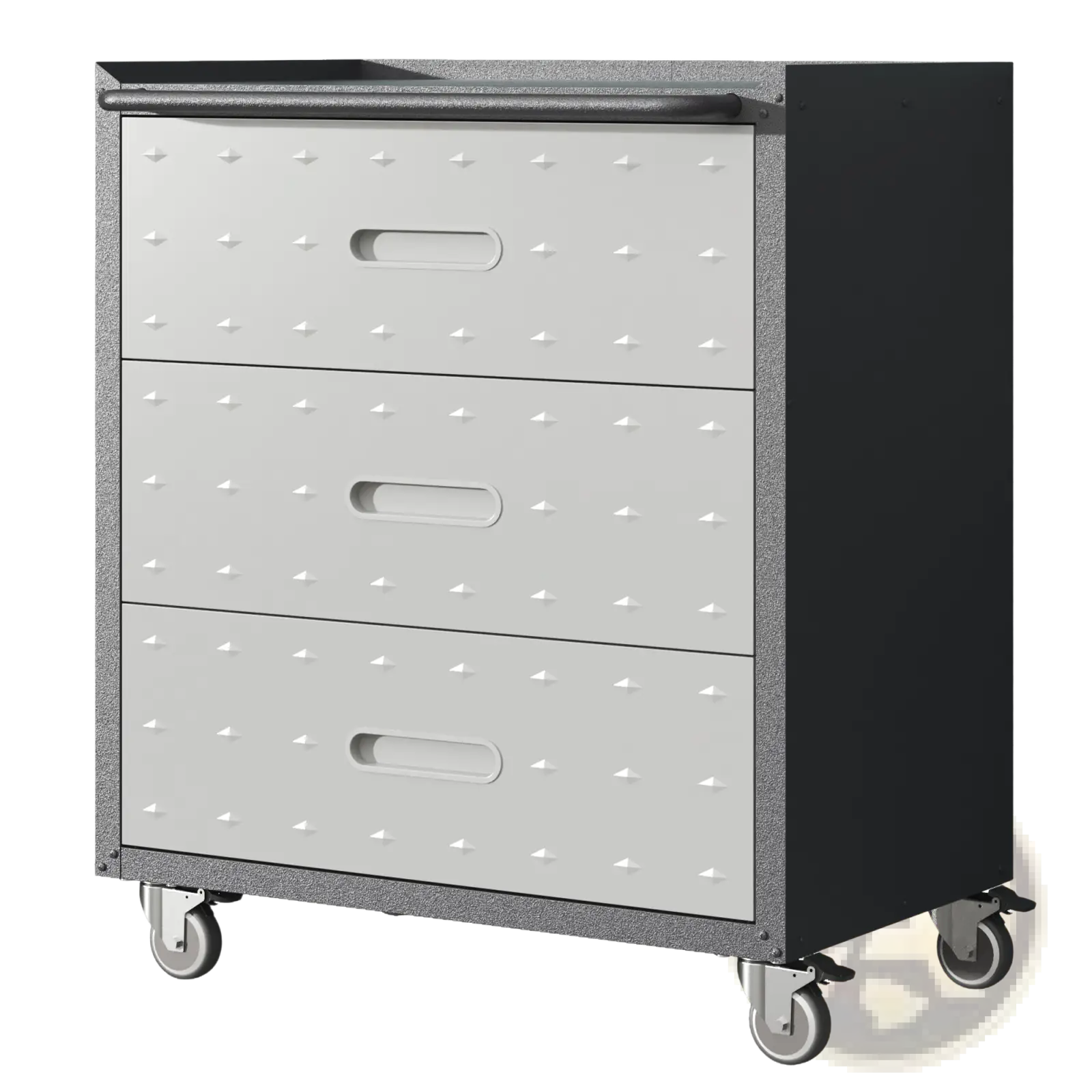 Gray metal rolling tool cabinet with three white textured drawers featuring triangular indentations and elongated handles
