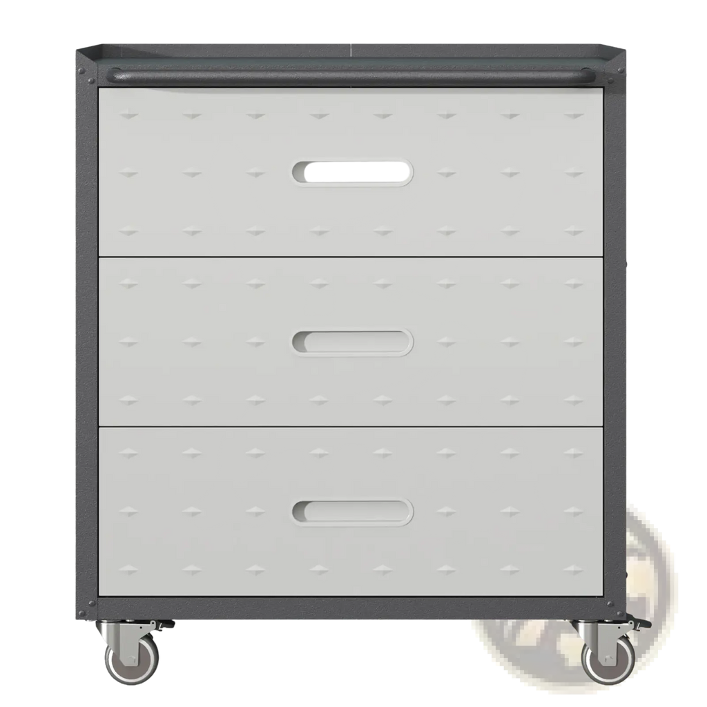 Gray metal rolling tool cabinet with three white dotted texture drawers and recessed handles on wheels