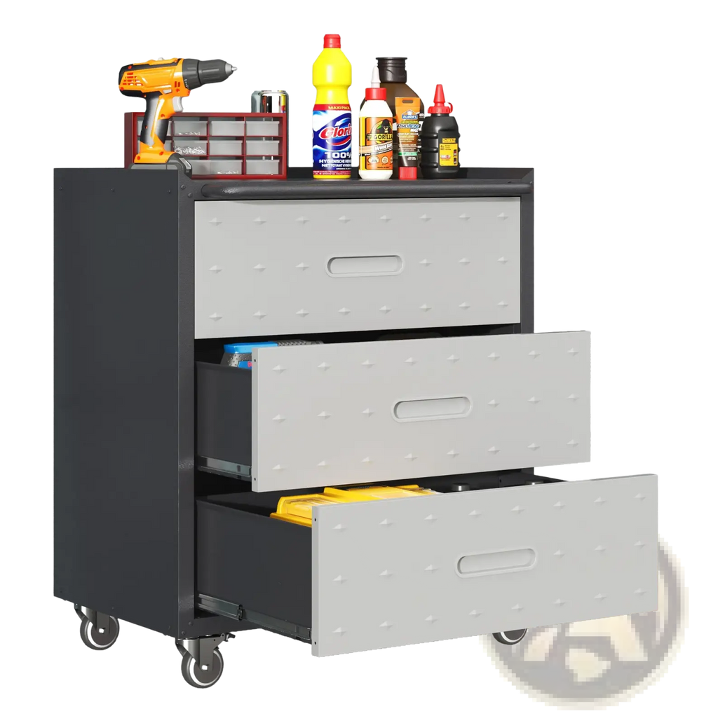 3 drawer metal rolling tool cabinet in black and gray with recessed handles and decorative rivet detailing on drawers