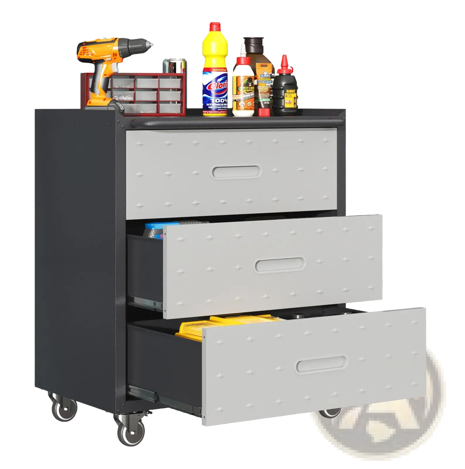 3 drawer metal rolling tool cabinet in black and gray with recessed handles and decorative rivet detailing on drawers