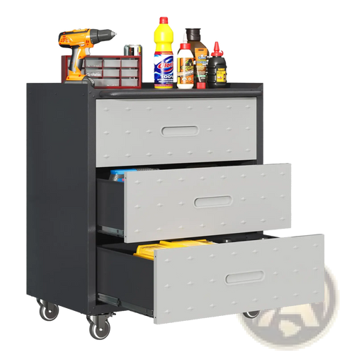 3 drawer metal rolling tool cabinet in black and gray with recessed handles and decorative rivet detailing on drawers