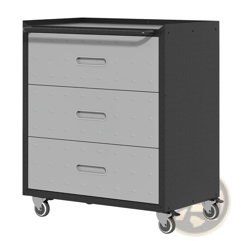 Black and gray metal 3 drawer rolling tool cabinet with wheels and casters for mobile storage and organization