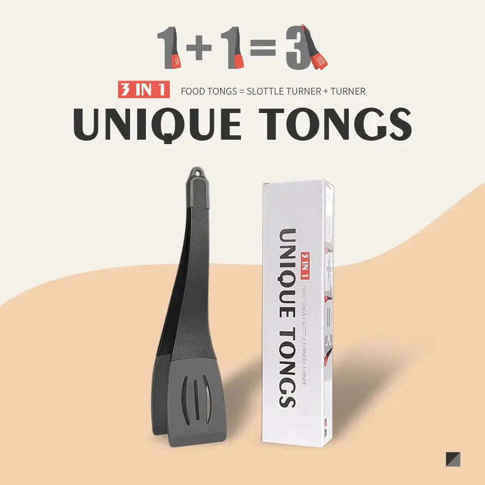Black 3-in-1 silicone slotted spatula and kitchen tongs clip with spatula turner and slotter design