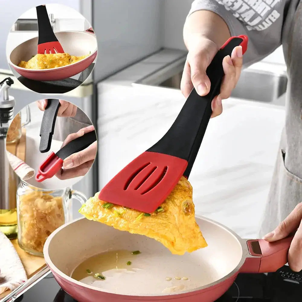 Red and black silicone 3-in-1 slotted spatula with kitchen tongs clip for versatile cooking and serving tasks
