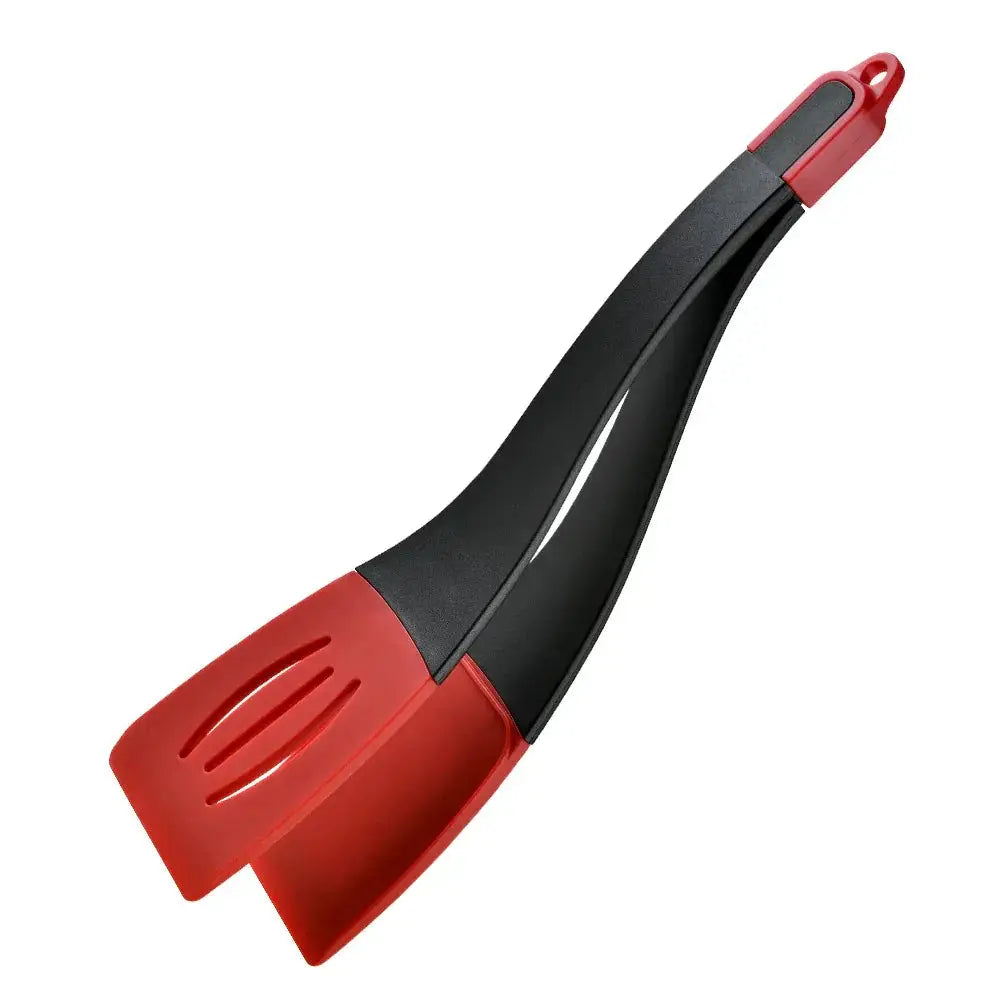 Red and black silicone slotted spatula with ergonomic handle from 3-in-1 silicone slotted spatula and kitchen tongs clip