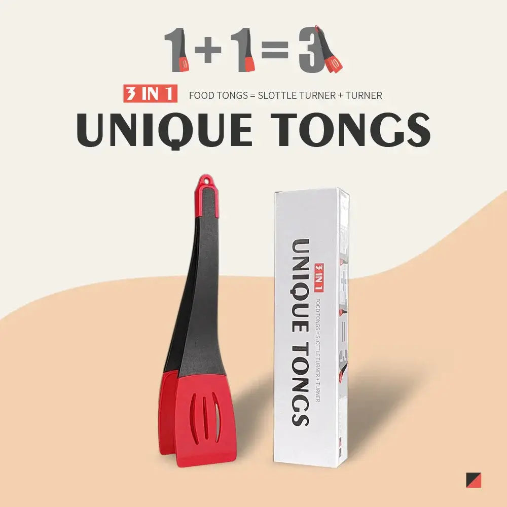 Red and black 3-in-1 silicone slotted spatula and kitchen tongs clip with spatula turner and slotter design