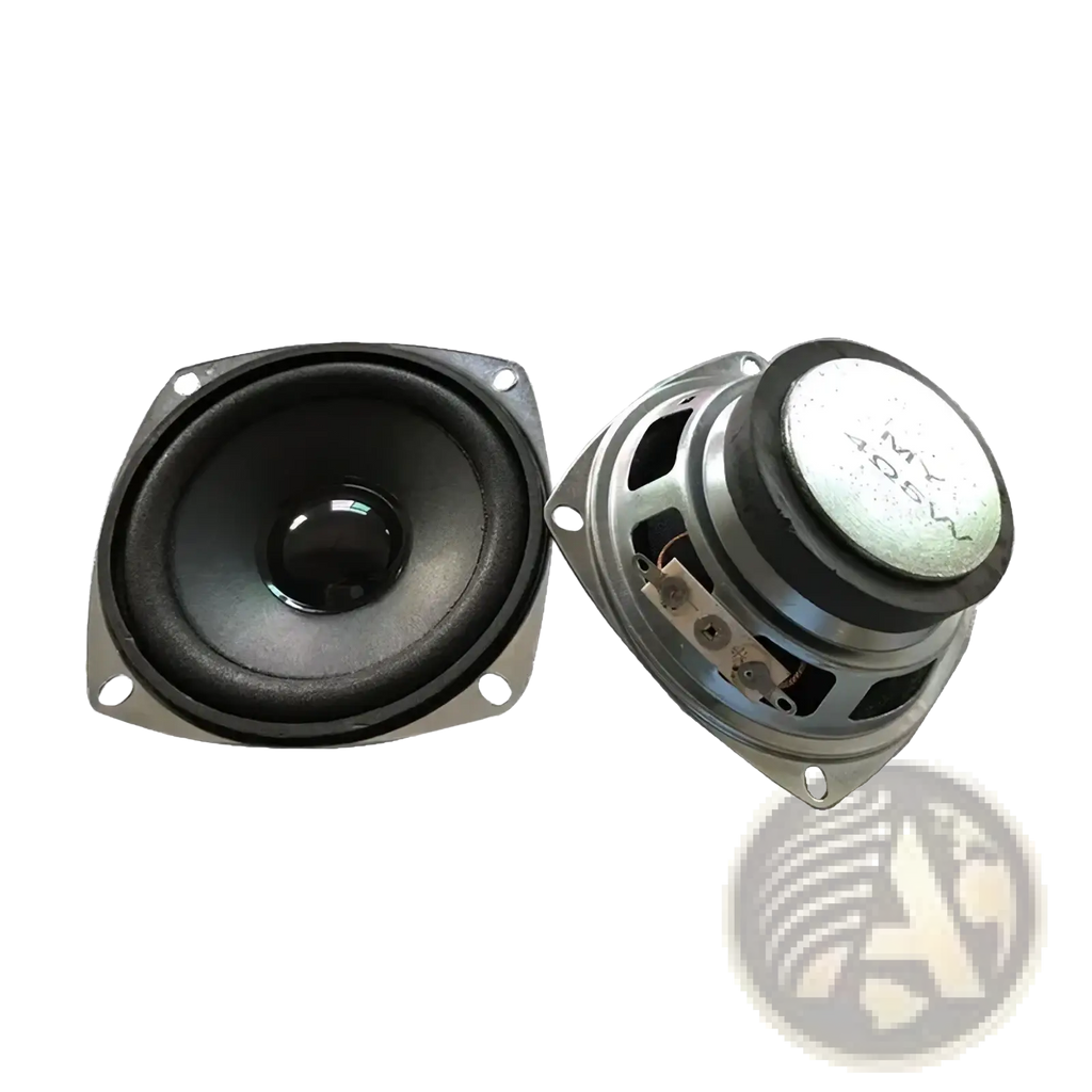 Black and silver 3 inch 5w full range speaker driver unit with square mounting frame and 40w power capacity