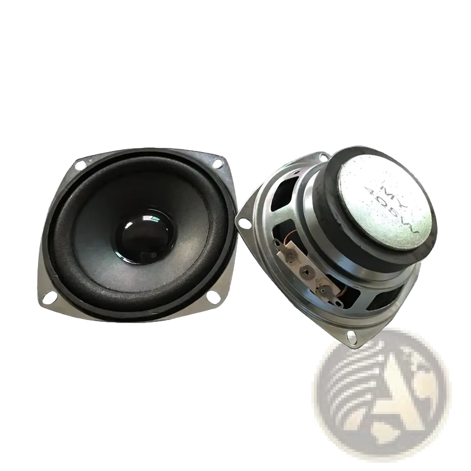 Black and silver 3 inch 5w full range speaker driver unit with square mounting frame and 40w power capacity
