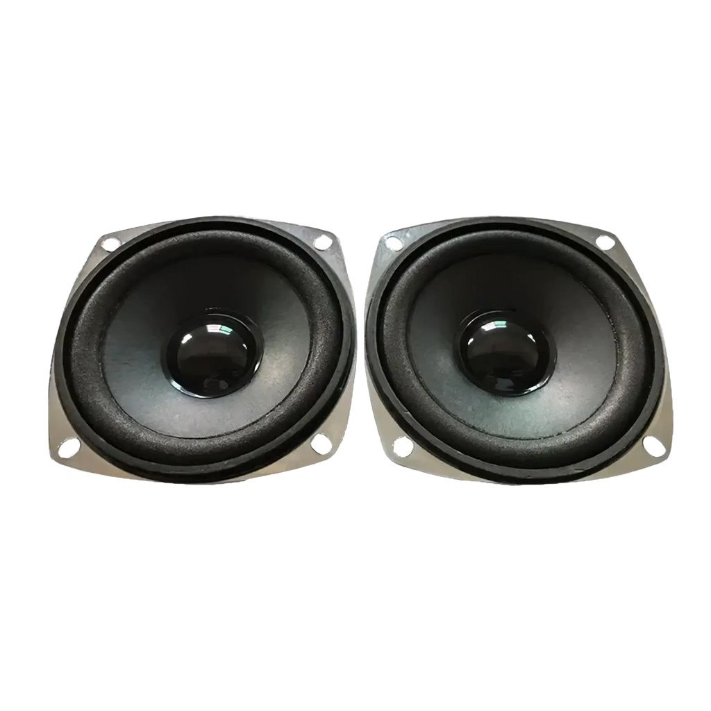 Pair of black 3 inch 5w full range speaker driver units with silver metal frames and circular woofers