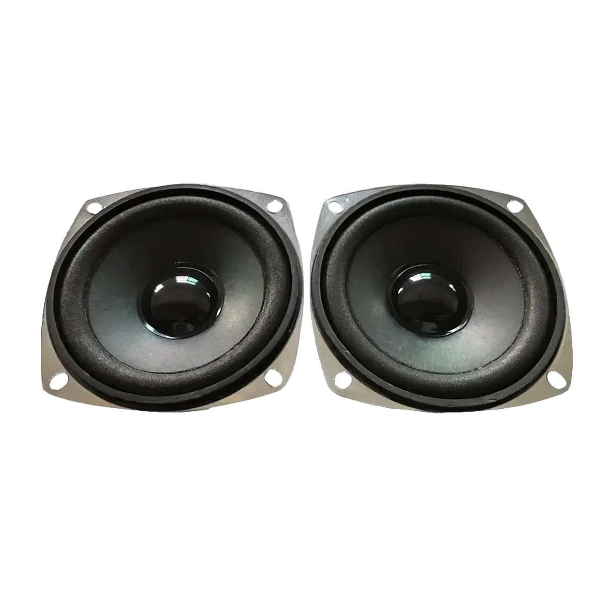 Pair of black 3 inch 5w full range speaker driver units with silver metal frames and circular woofers