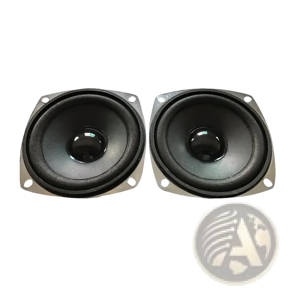 Pair of black 3 inch 5w full range speaker driver units with silver metal frames and circular woofers