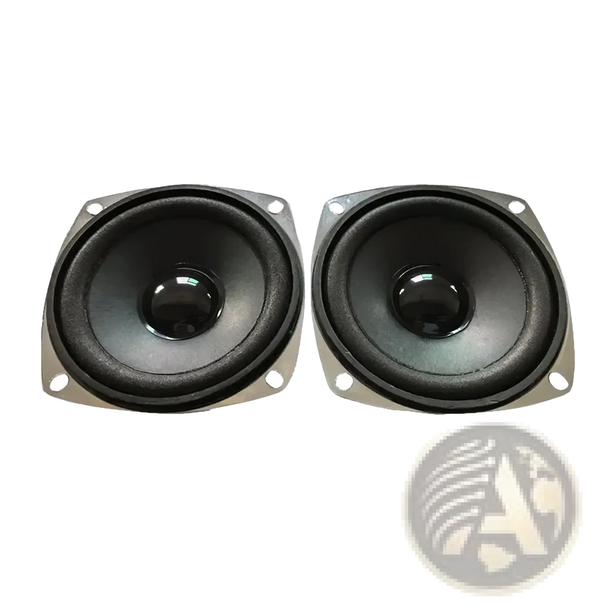 Pair of black 3 inch 5w full range speaker driver units with silver metal frames and circular woofers