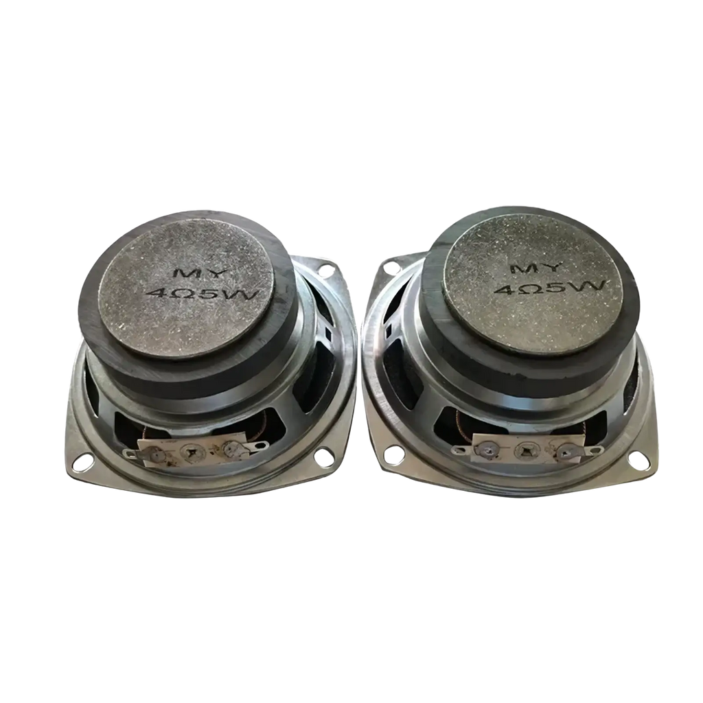 A pair of silver 3 inch 5w full range speaker driver units with metallic frame and black rubber surround