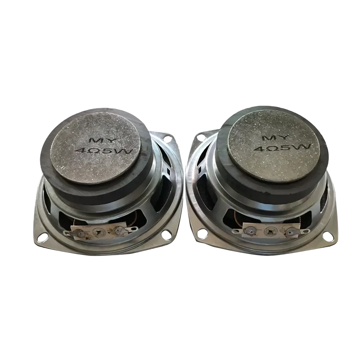 A pair of silver 3 inch 5w full range speaker driver units with metallic frame and black rubber surround