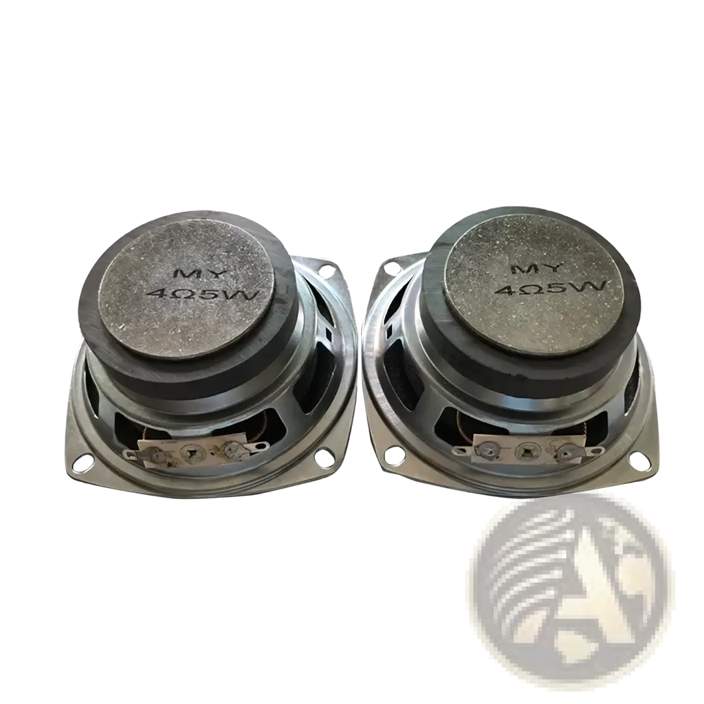 A pair of silver 3 inch 5w full range speaker driver units with metallic frame and black rubber surround