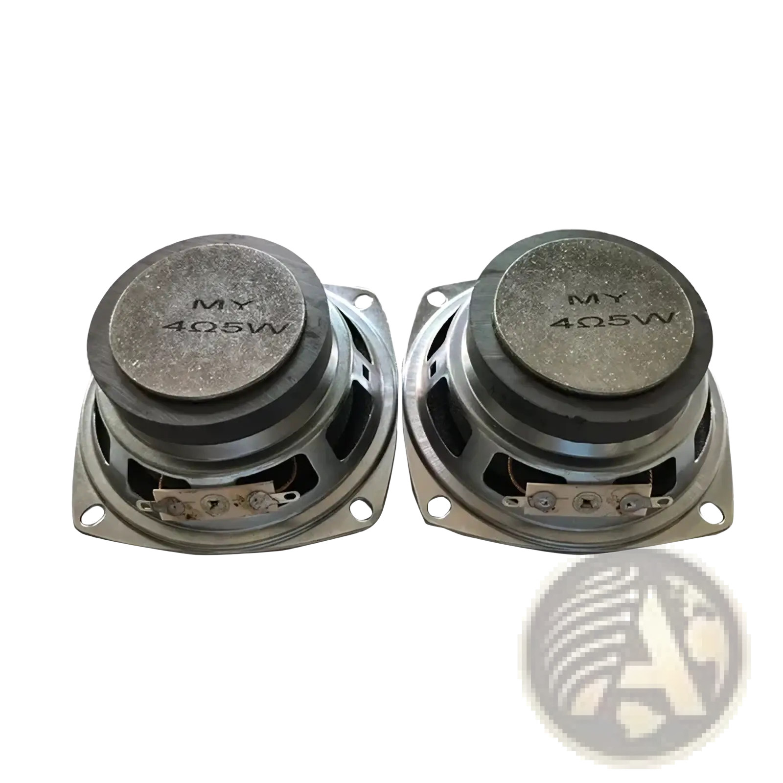 A pair of silver 3 inch 5w full range speaker driver units with metallic frame and black rubber surround