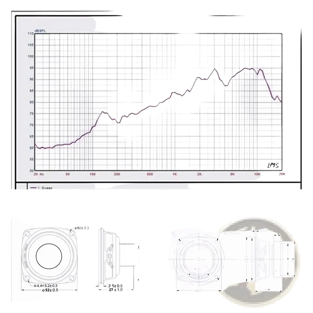 Technical frequency response chart and speaker dimensions diagram for 3 inch 5w full range speaker driver unit woofer
