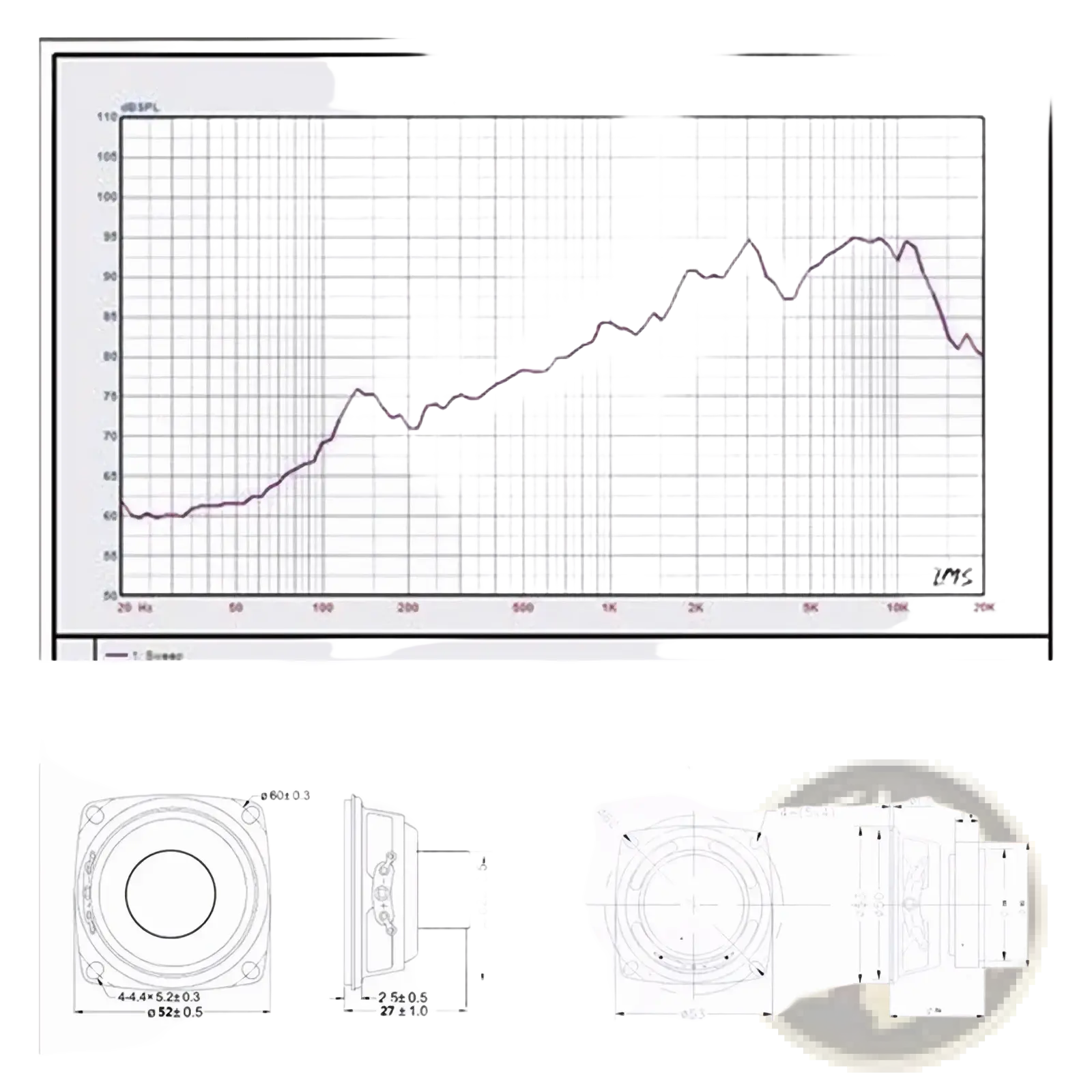 Technical frequency response chart and speaker dimensions diagram for 3 inch 5w full range speaker driver unit woofer