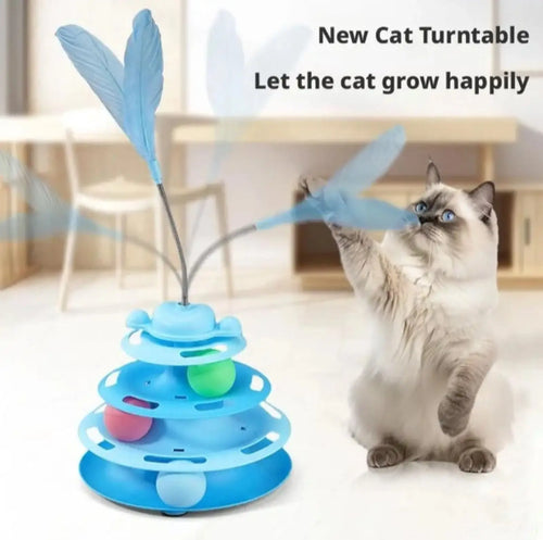 Blue plastic 3 level cat turntable toy with colorful balls and spring feathered wings for interactive play