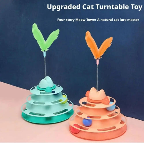 Two colorful multi-tiered 3 level cat turntable toys with spring feather wands designed for interactive play
