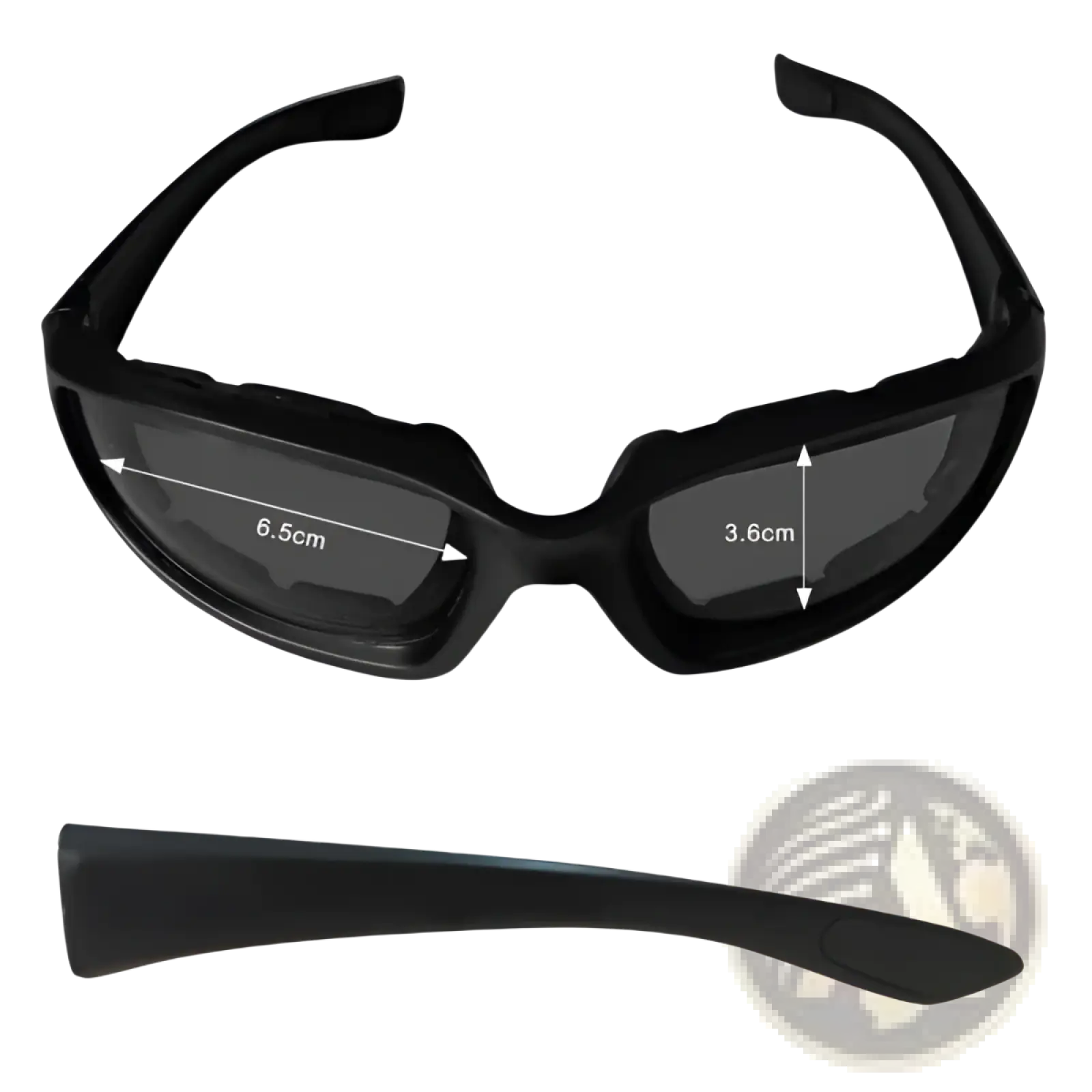 Black plastic safety goggles with dark gray lenses and rugged design for wind resistant motorcycle riding use