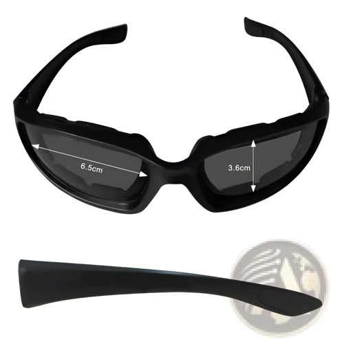 Black plastic safety goggles with dark gray lenses and rugged design for wind resistant motorcycle riding use