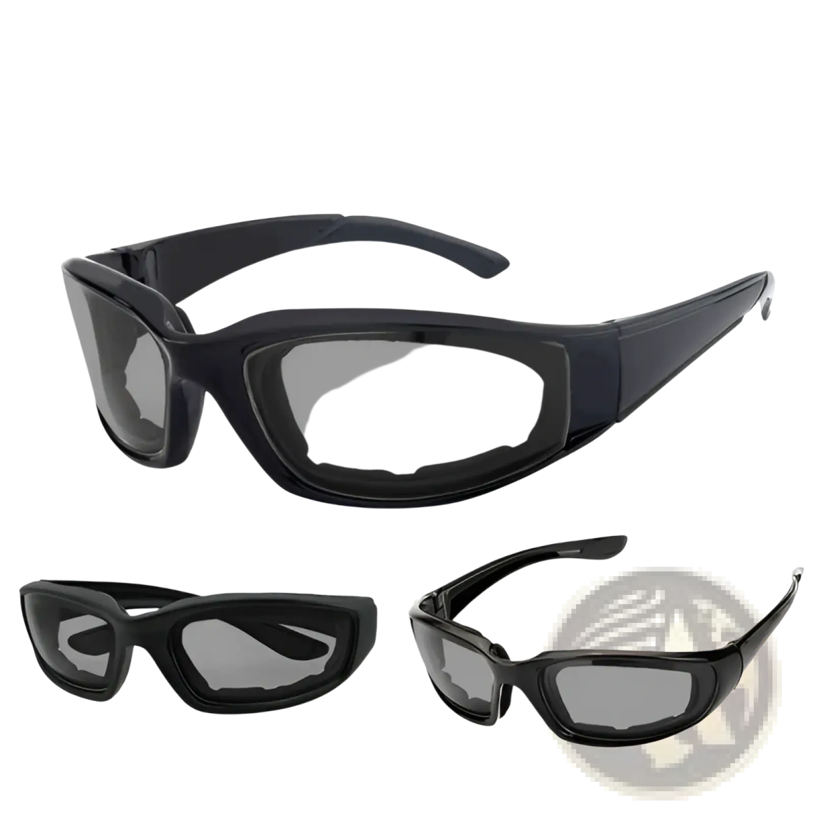 Black protective motorcycle riding glasses with gray lenses and rugged sporty design wind resistant 3 pack