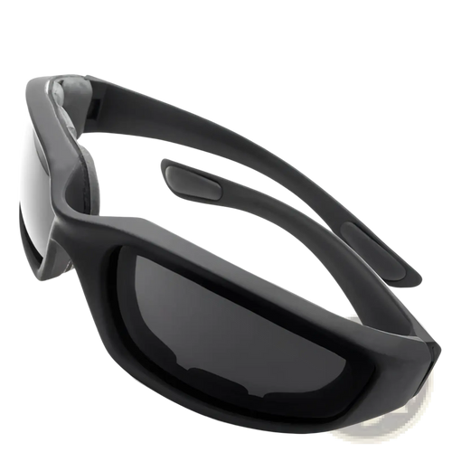 Black matte-finish protective motorcycle sunglasses with dark gray lenses and a rugged angular frame design
