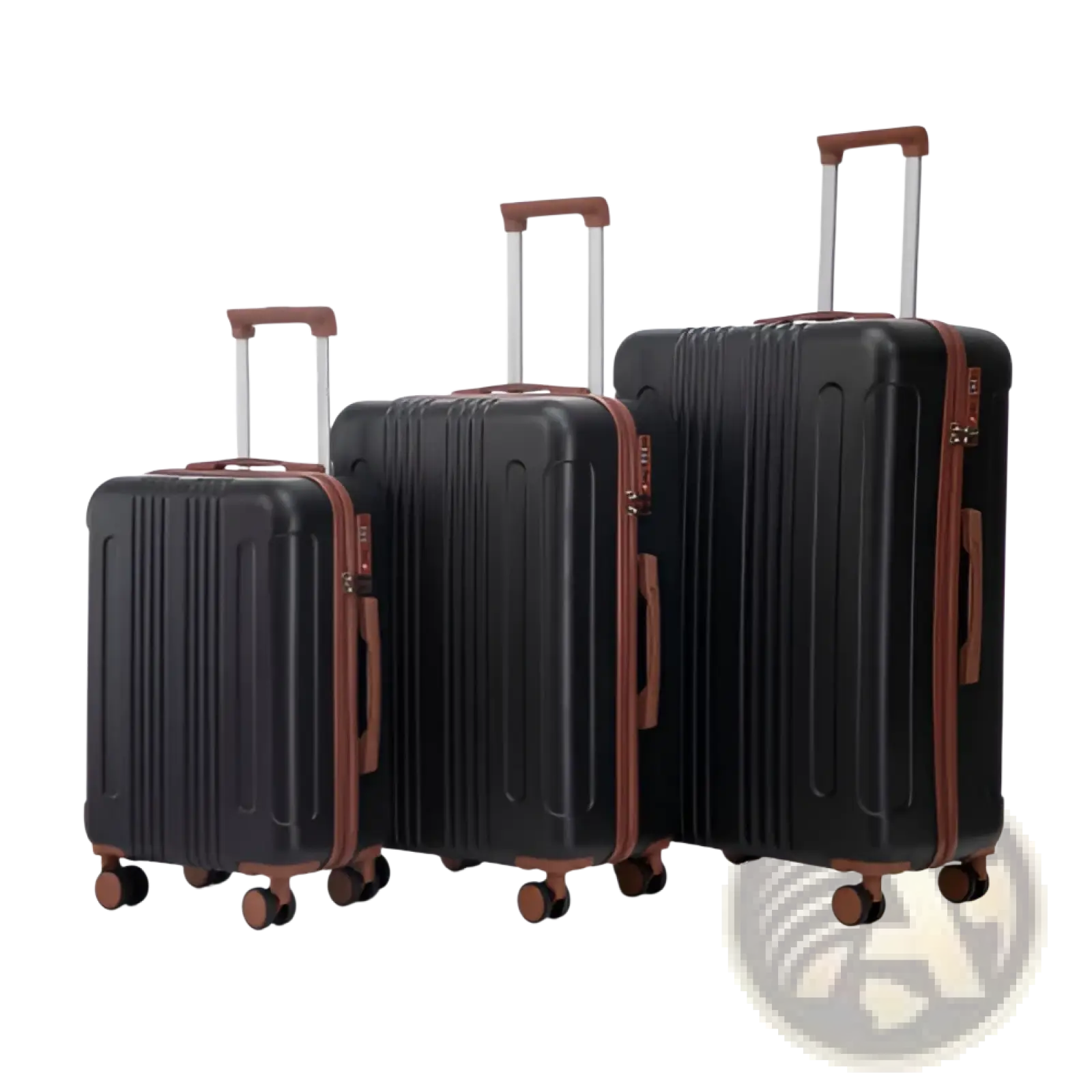 Set of three black abs spinner hard-shell suitcases with brown leather accents and tsa lock retractable handles