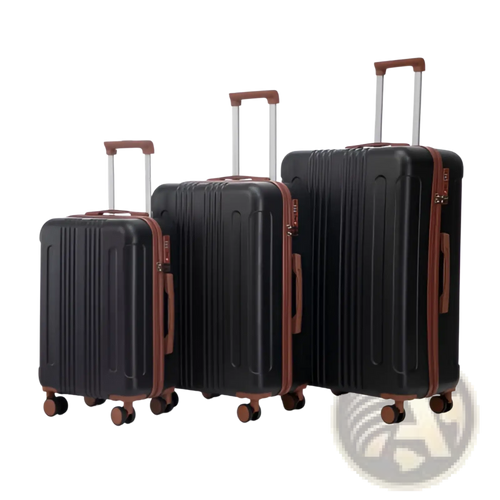 Set of three black abs spinner hard-shell suitcases with brown leather accents and tsa lock retractable handles