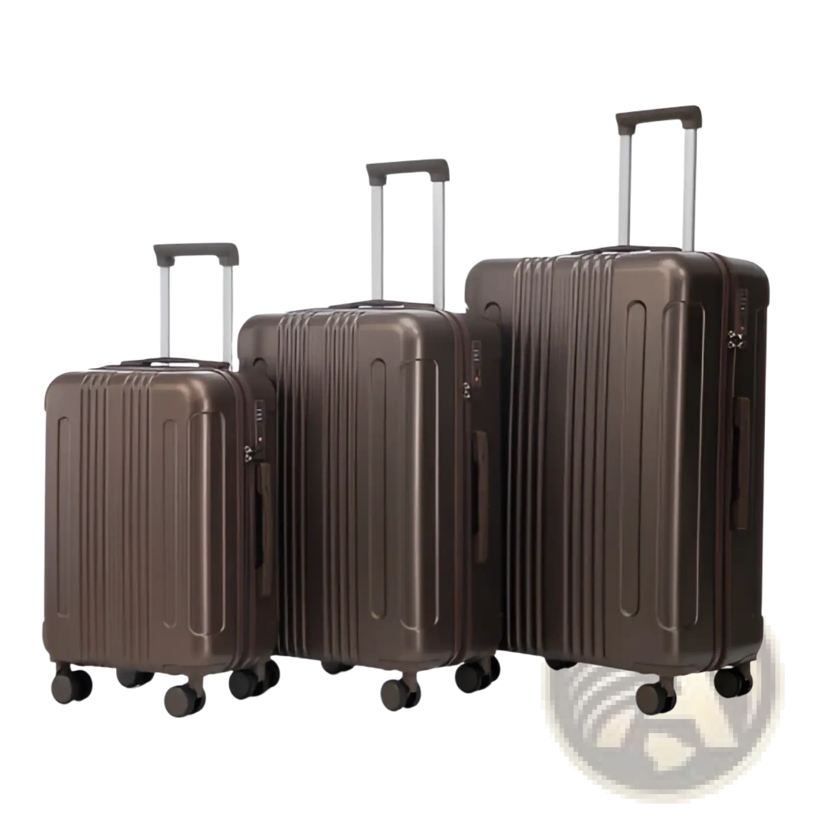 3 piece abs spinner luggage set in brown with hard shell vertical ribbed design and tsa lock with black wheels