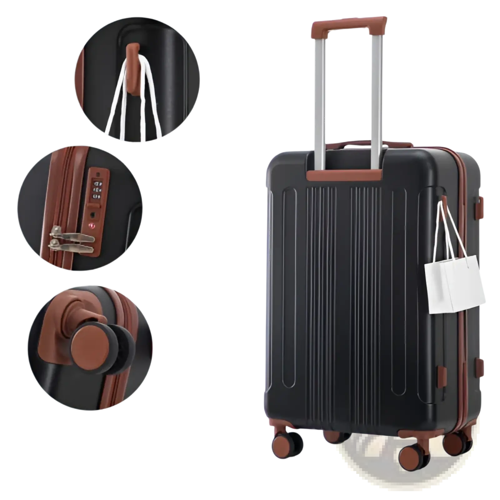 Black hard-shell abs spinner suitcase with brown leather accents and tsa lock from 3 piece luggage set with telescoping handle