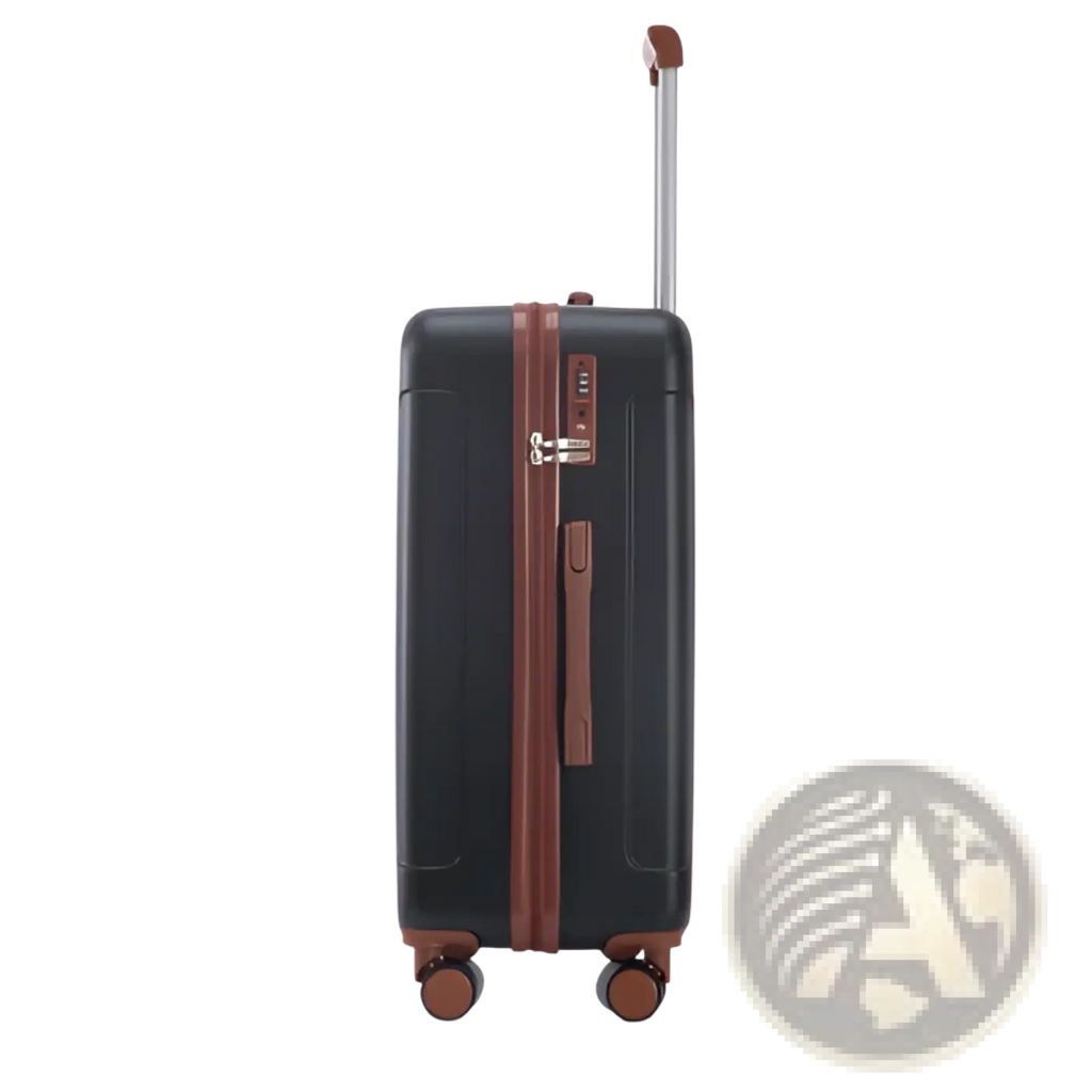 Black abs spinner suitcase with brown leather accents and retractable handle from 3 piece luggage set with TSA lock