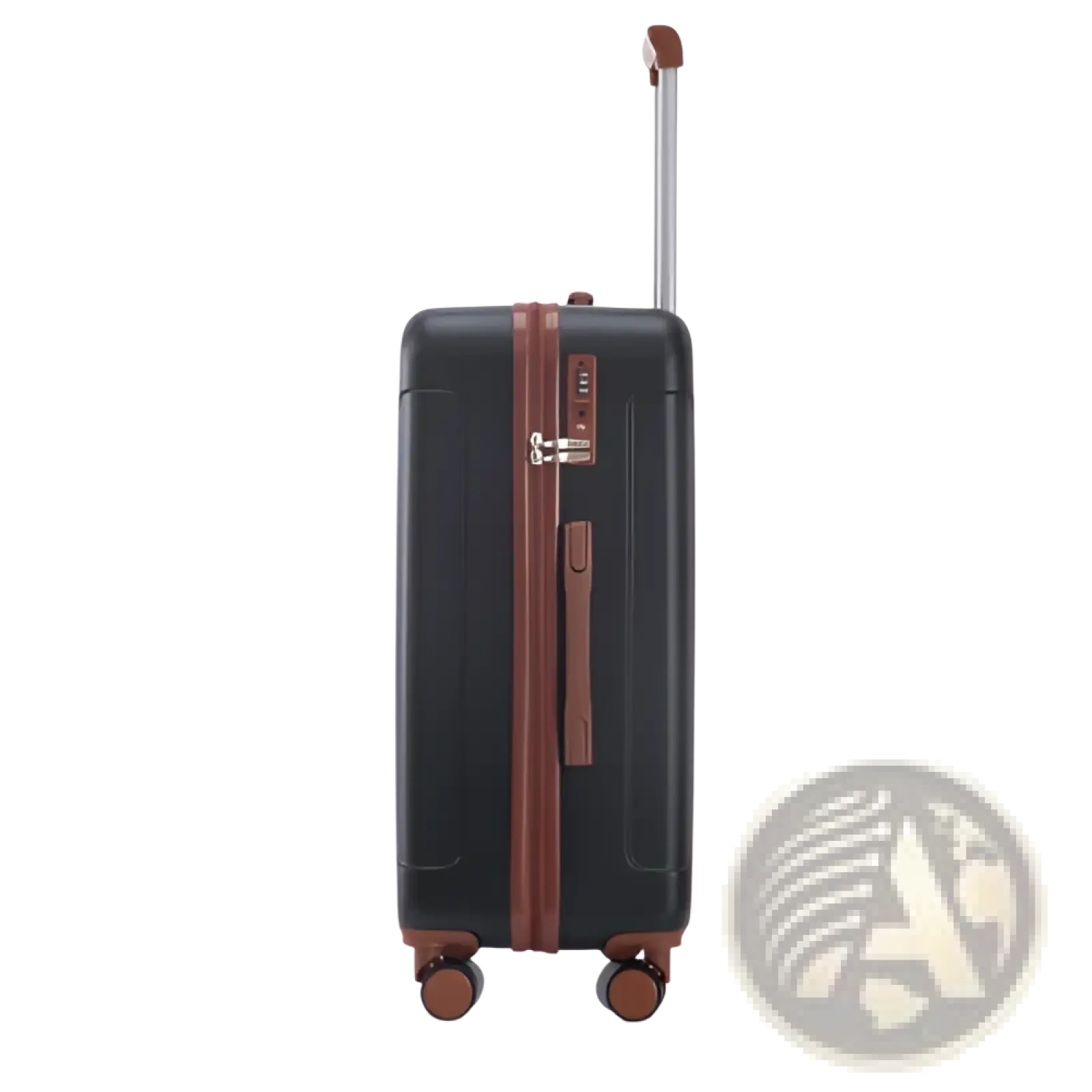 Black abs spinner suitcase with brown leather accents and retractable handle from 3 piece luggage set with TSA lock