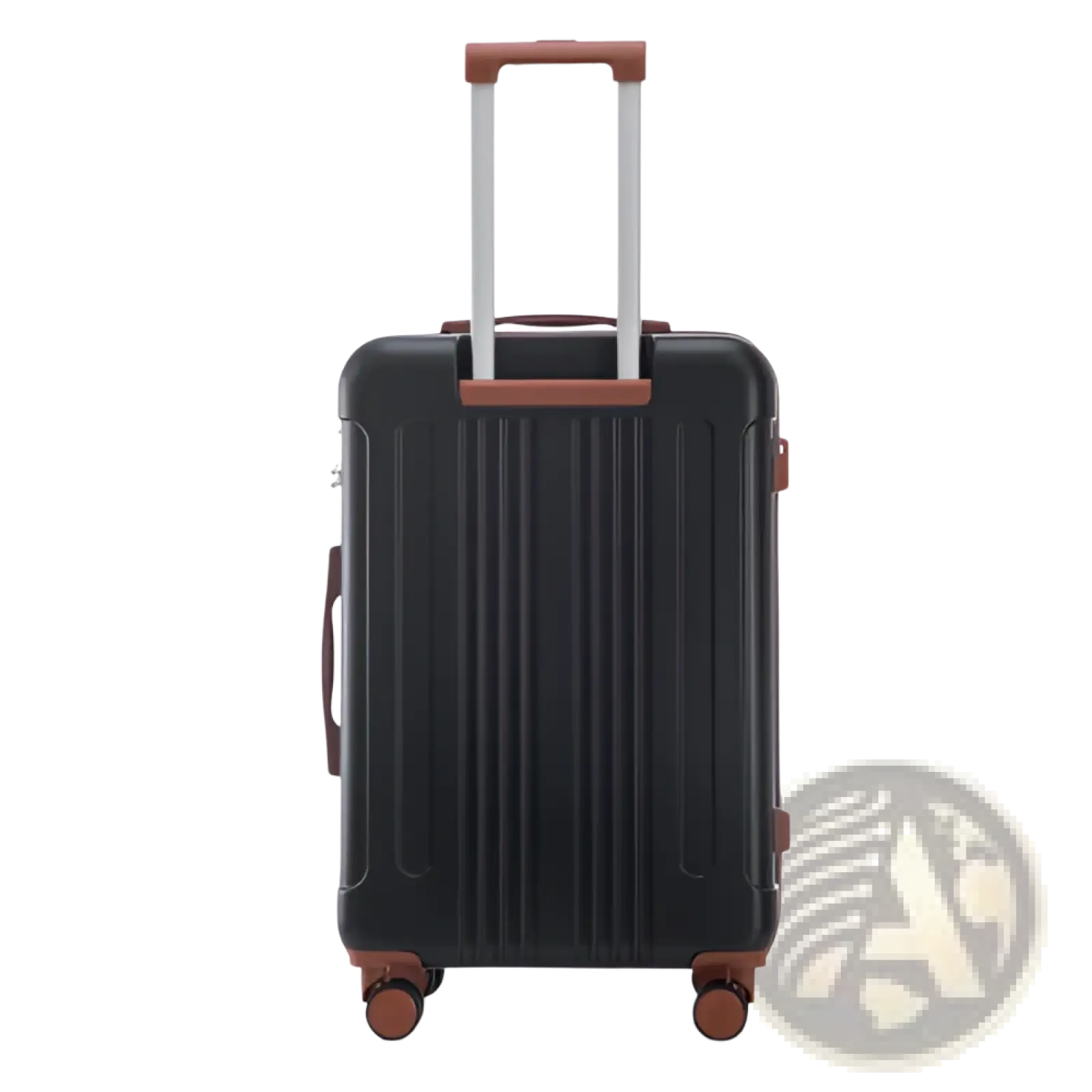 Black hard-shell abs spinner suitcase with brown accents featuring tsa lock from 3 piece luggage set shown from front side