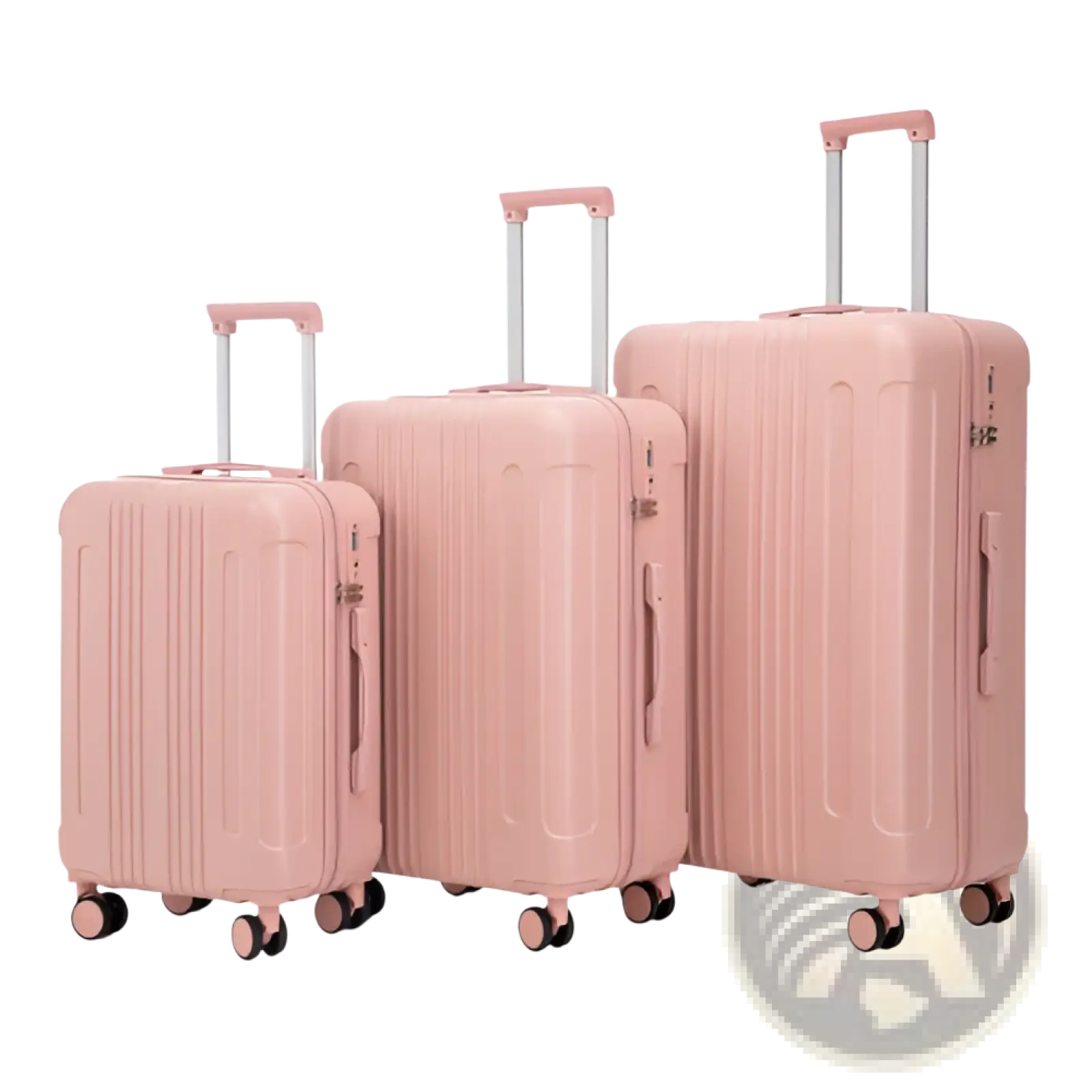 Set of three pink abs spinner luggage with vertical ridges matching wheels and tsa lock for secure travel