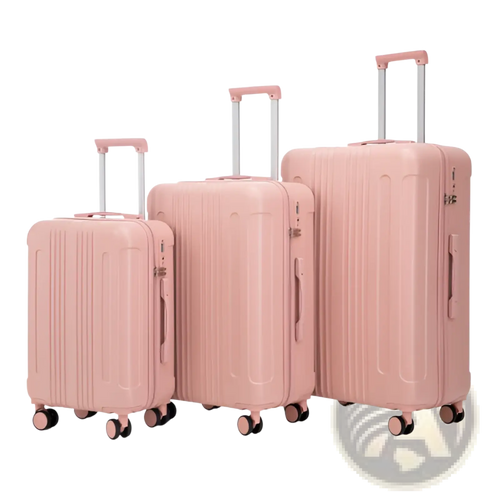 Set of three pink abs spinner luggage with vertical ridges matching wheels and tsa lock for secure travel