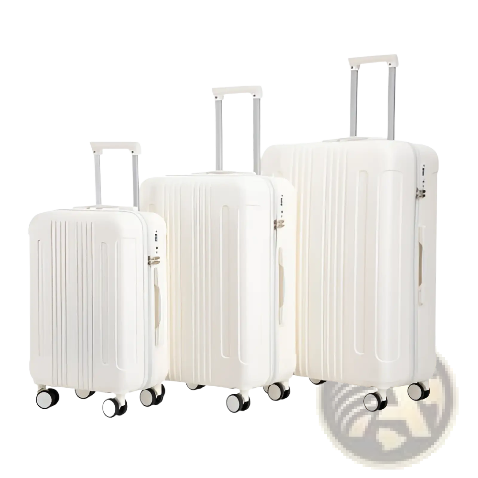 Set of three white abs spinner hard-shell suitcases with vertical ribbed design and silver telescoping handles with TSA lock