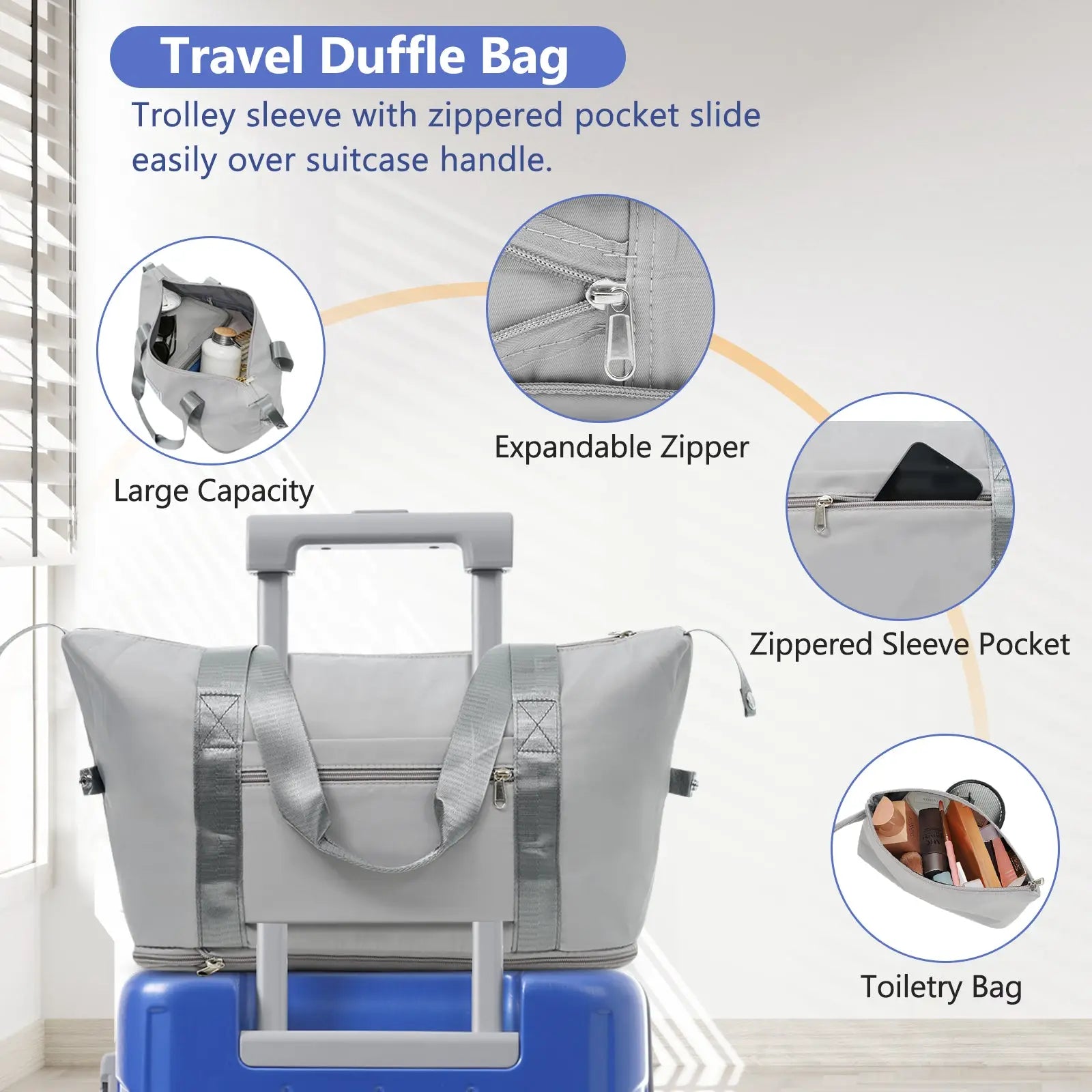 Gray travel duffle bag with trolley sleeve and expandable zipper from 3 piece dazzling blue hardshell 20 inch carry on luggage set