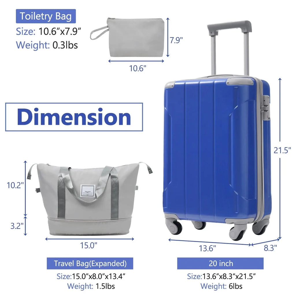 Blue hard-shell 20-inch carry on rolling suitcase with silver trim and wheels from 3 piece dazzling blue luggage set