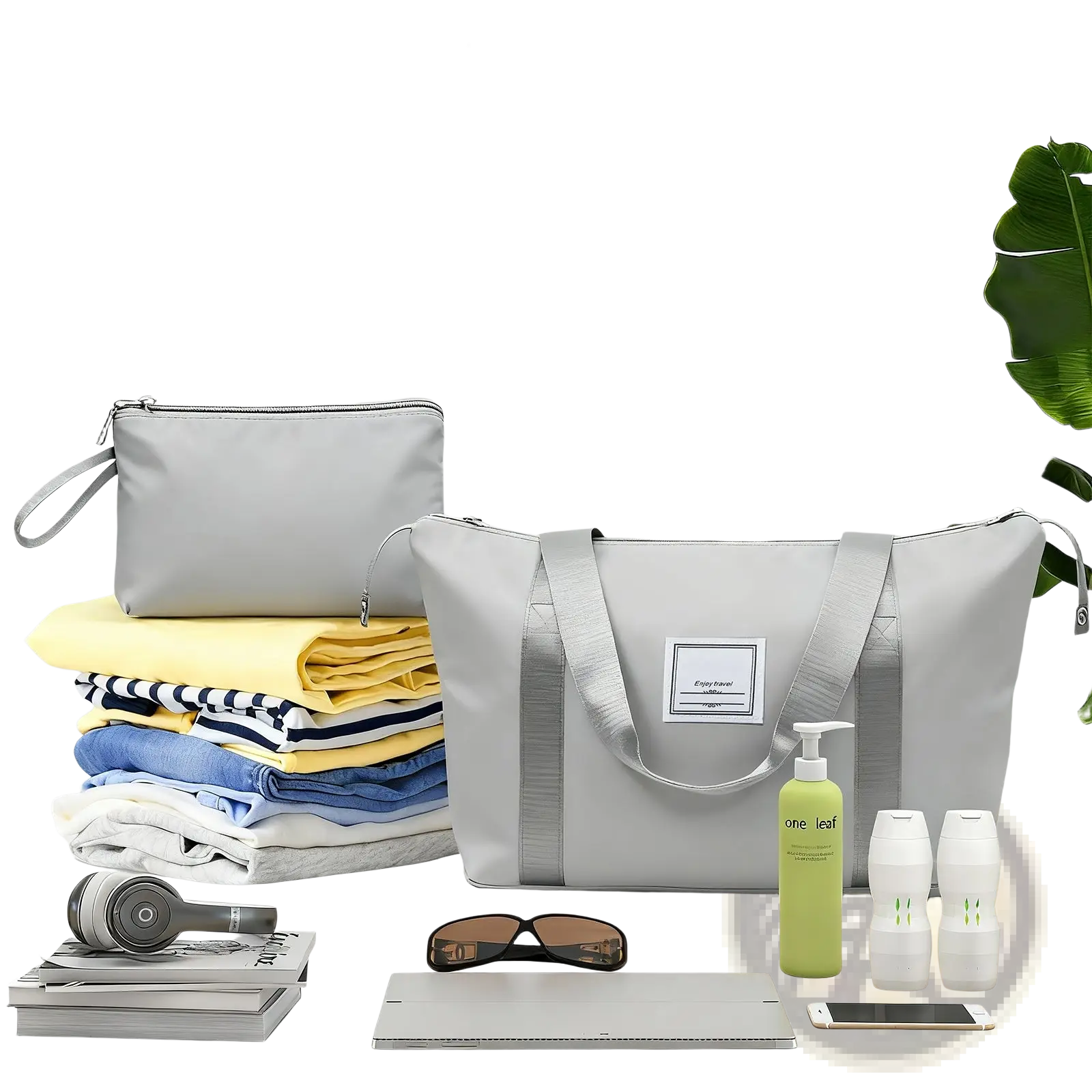 Light gray durable nylon travel bag with reinforced straps and minimalist label patch from 3 piece dazzling blue hardshell luggage set